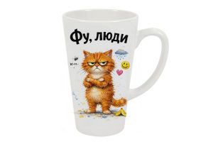 Чашка керамічна велика біла для лате з зображенням рудого кота який дуже незадоволенний сферху напис чорним шрифтом Фу дюди